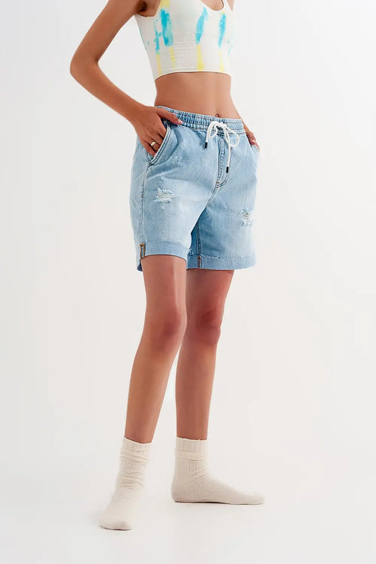Short en jean avec élastiques Bleu délavé - Pantalons