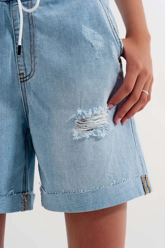 Short en jean avec élastiques Bleu délavé - Pantalons