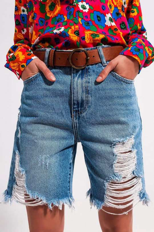 Short en jean effet vieilli Bleu clair - Pantalons