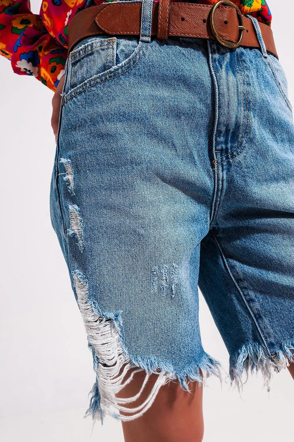 Short en jean effet vieilli Bleu clair - Pantalons