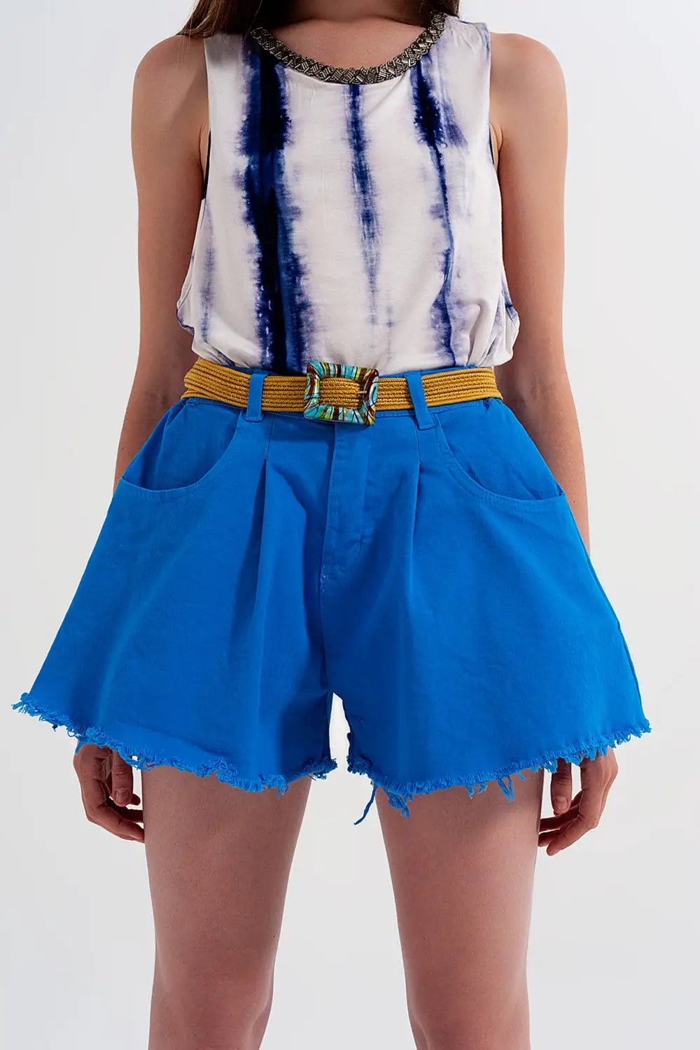 Short en jean trapèze déchiré bleue - Pantalons