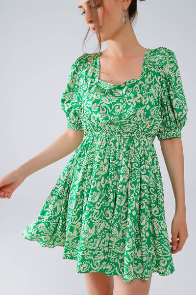 short floral print dress with gathered back in green