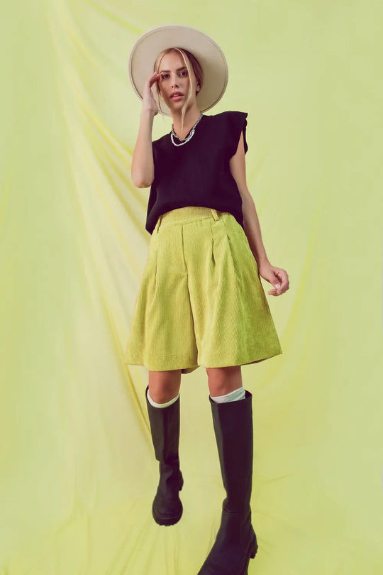 Short long coupe en velours côtelé lime - Pantalons