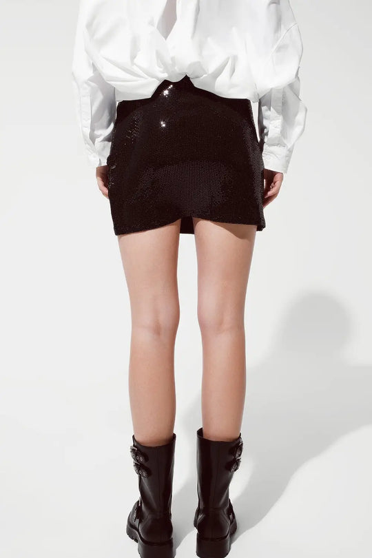 Short mini skirt with glitter and slit in black - Skirts