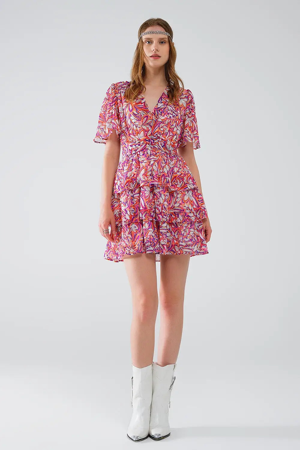 Short Multicolor chiffon Dress with Floral print and Ruched Design - Dresses