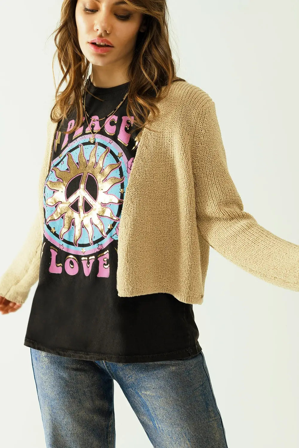 Short open cardigan in beige knit with long sleeves - Sweaters