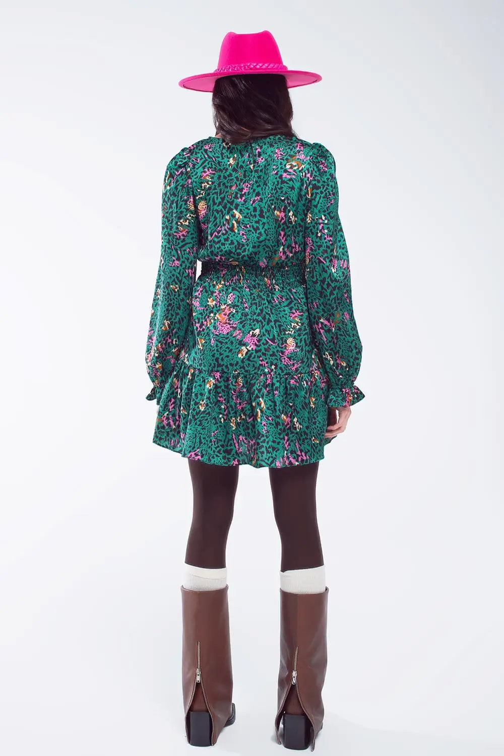 Short Printed Dress With Tiered Skirt and Ruffled Cuff in Forest Green - Dresses