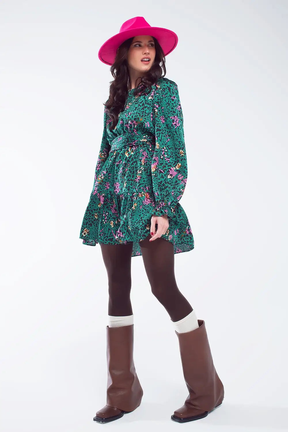 Short Printed Dress With Tiered Skirt and Ruffled Cuff in Forest Green - Dresses