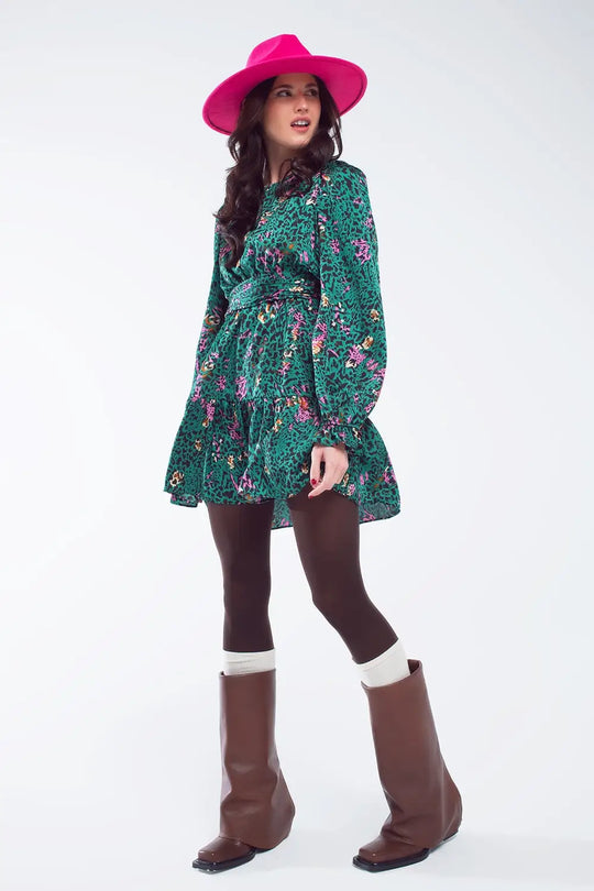 Short Printed Dress With Tiered Skirt and Ruffled Cuff in Forest Green - Dresses