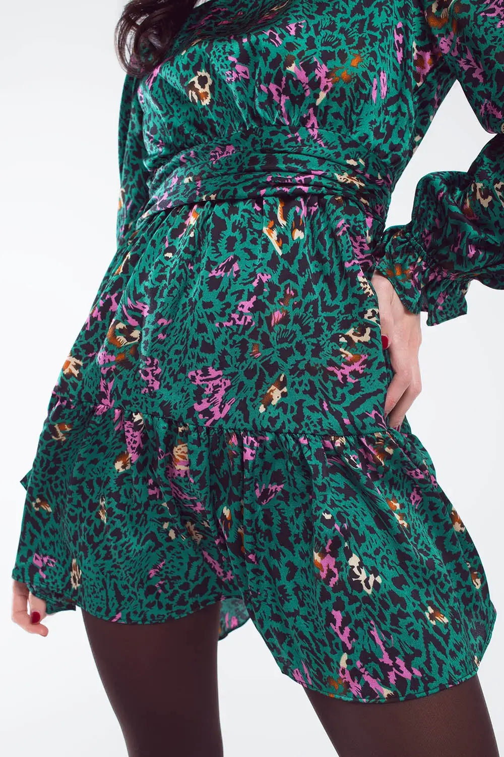 Short Printed Dress With Tiered Skirt and Ruffled Cuff in Forest Green - Dresses