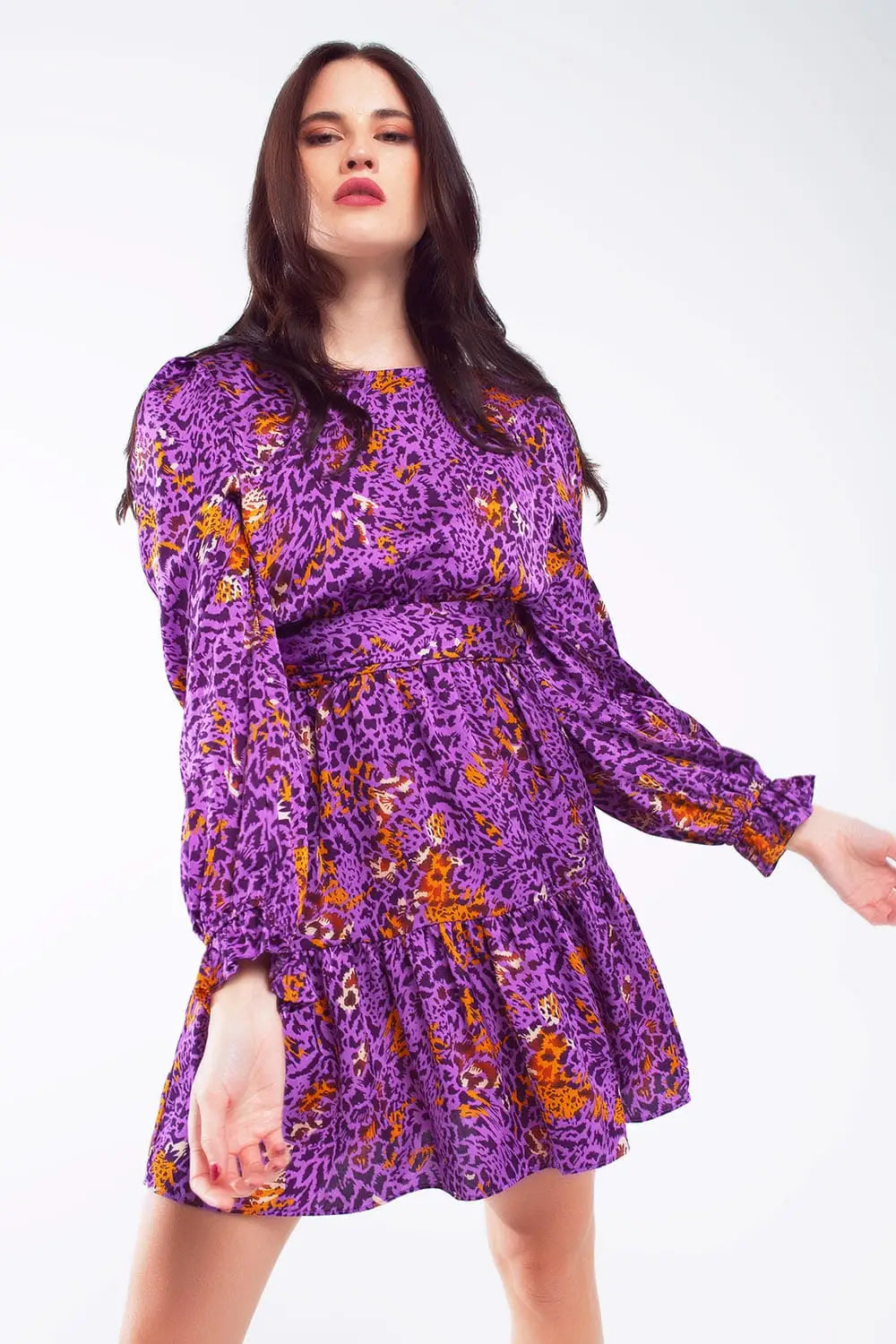 Short Printed Dress With Tiered Skirt and Ruffled Cuff in Purple - Dresses