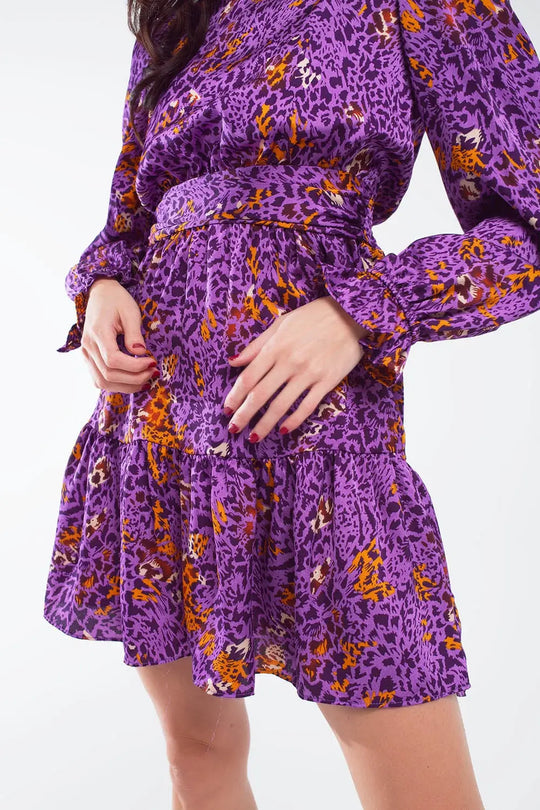 Short Printed Dress With Tiered Skirt and Ruffled Cuff in Purple - Dresses