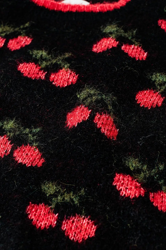 short sleeve black sweater with cherry print - One Size / Black - Sweaters