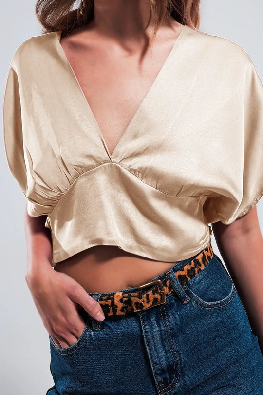Short sleeve cropped satin top in beige - One Size / Beige - Tops