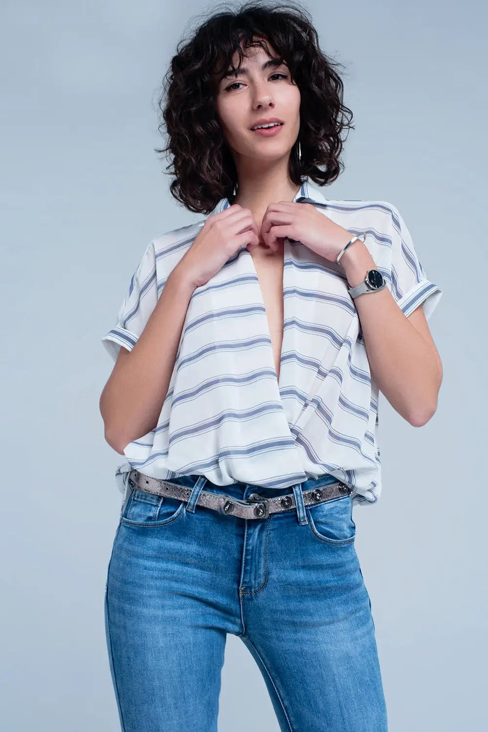 White short sleeve drape wrap blouse with blue striped design - Shirts