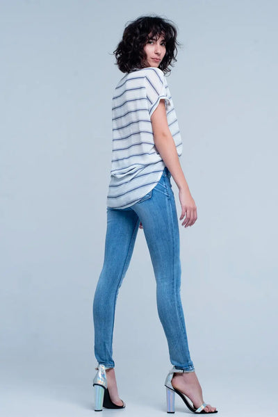 White short sleeve drape wrap blouse with blue striped design - Shirts