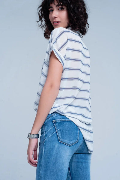 White short sleeve drape wrap blouse with blue striped design - Shirts