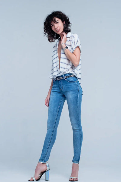 White short sleeve drape wrap blouse with blue striped design - Shirts