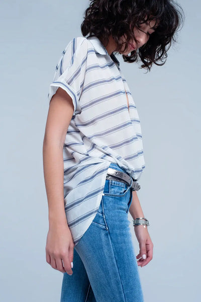 White short sleeve drape wrap blouse with blue striped design - Shirts