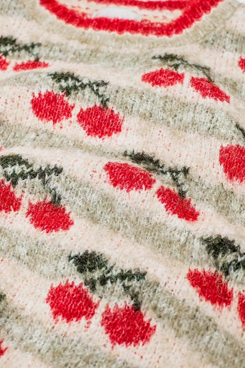Short Sleeve Ecru Sweater with Cherry Print - One Size / White - Sweaters