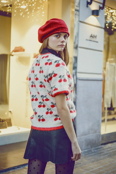 Short Sleeve Ecru Sweater with Cherry Print - One Size / White - Sweaters