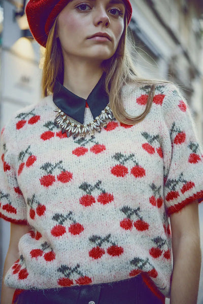 Short Sleeve Ecru Sweater with Cherry Print - One Size / White - Sweaters