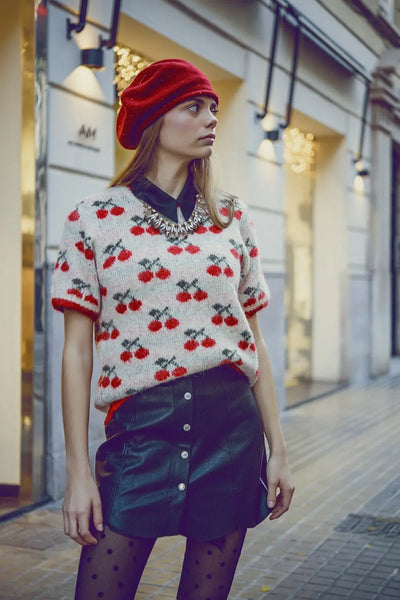 Short Sleeve Ecru Sweater with Cherry Print - One Size / White - Sweaters
