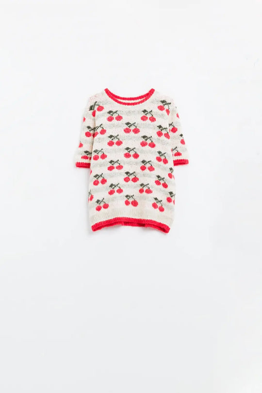 Short Sleeve Ecru Sweater with Cherry Print - One Size / White - Sweaters