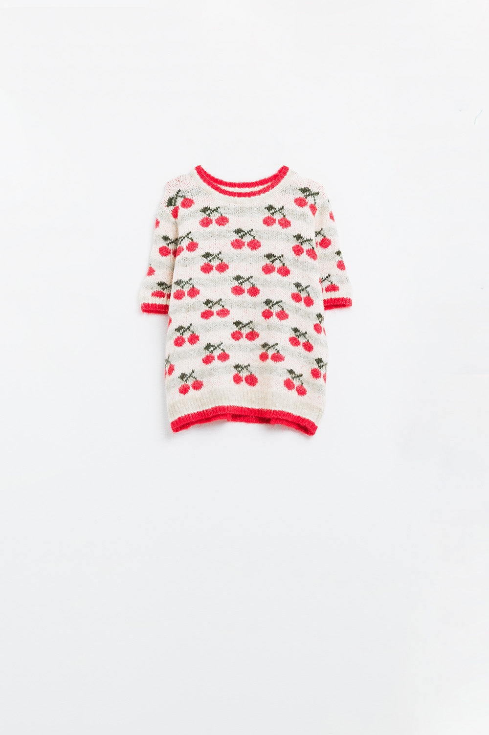 Short Sleeve Ecru Sweater with Cherry Print