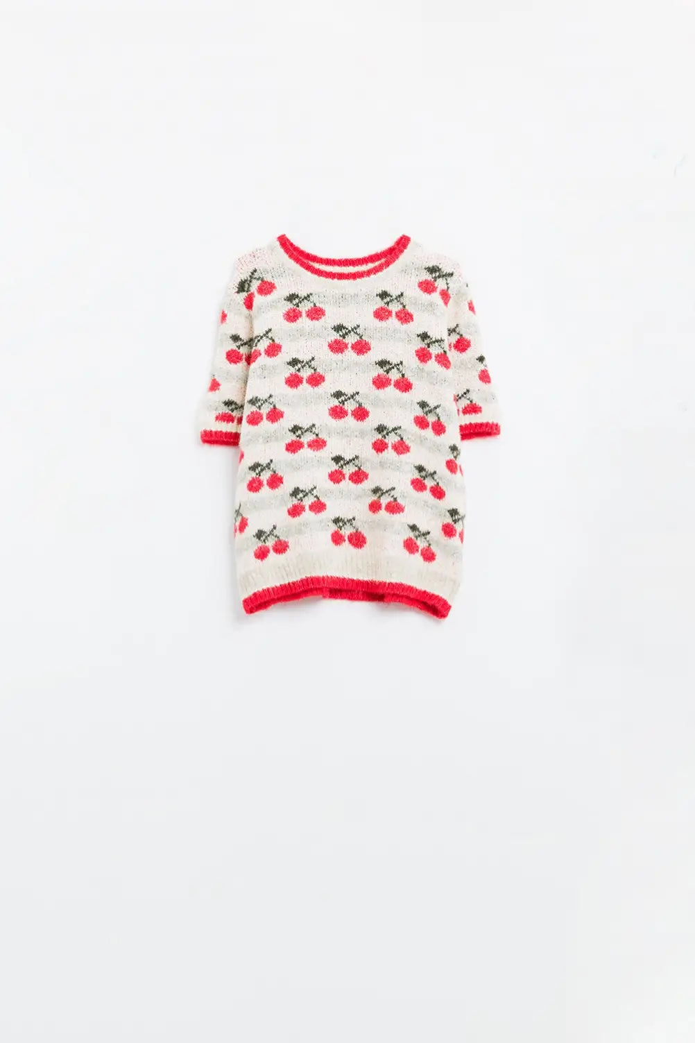 Short Sleeve Ecru Sweater with Cherry Print - One Size / White - Sweaters