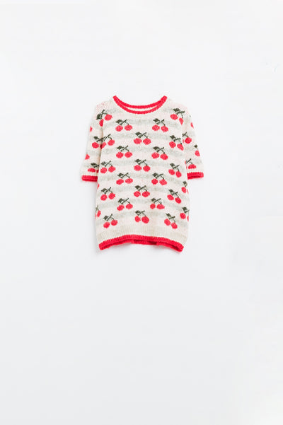 Short Sleeve Ecru Sweater with Cherry Print