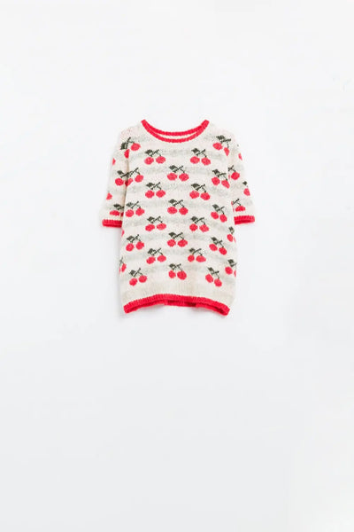 Short Sleeve Ecru Sweater with Cherry Print - One Size / White - Sweaters