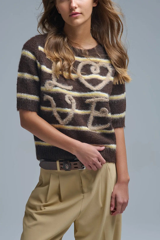 Q2 Short Sleeve Embroidered Love Sweater in Brown