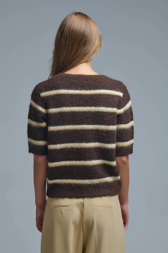 Short Sleeve Embroidered Love Sweater in Brown - One Size / Brown - Sweaters