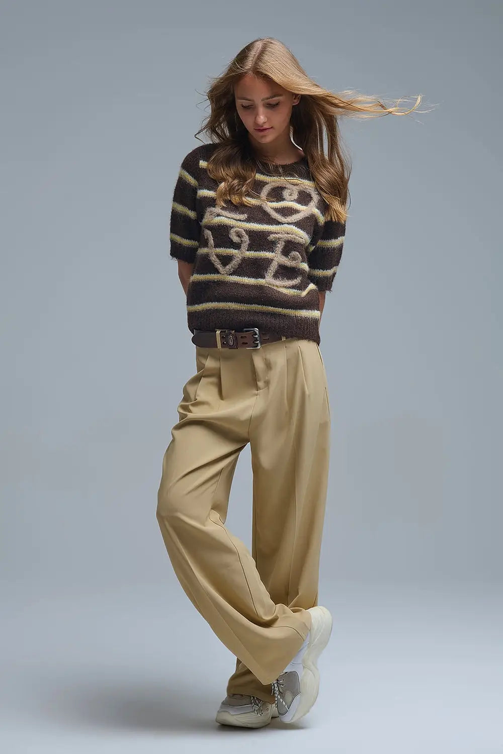 Short Sleeve Embroidered Love Sweater in Brown - One Size / Brown - Sweaters