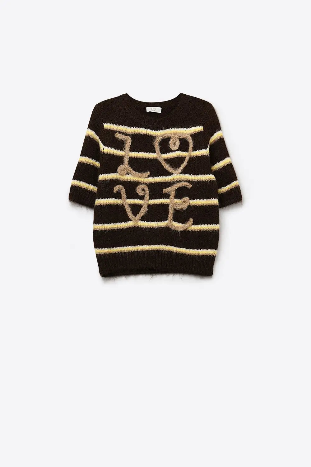 Short Sleeve Embroidered Love Sweater in Brown - One Size / Brown - Sweaters