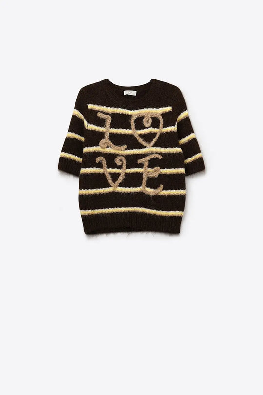 Short Sleeve Embroidered Love Sweater in Brown - One Size / Brown - Sweaters