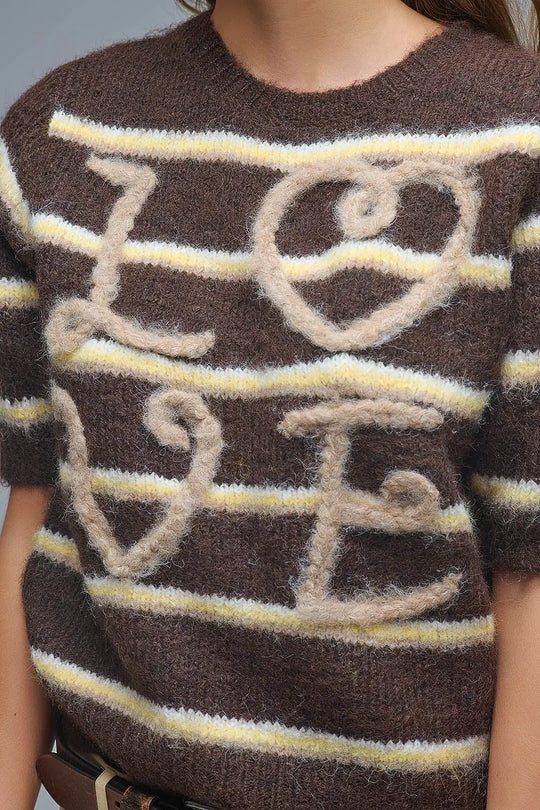 Short Sleeve Embroidered Love Sweater in Brown - One Size / Brown - Sweaters