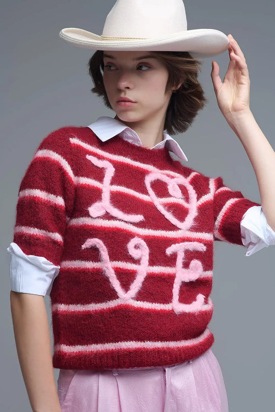 Short Sleeve Embroidered Love Sweater in Burgundy - One Size / Red - Sweaters