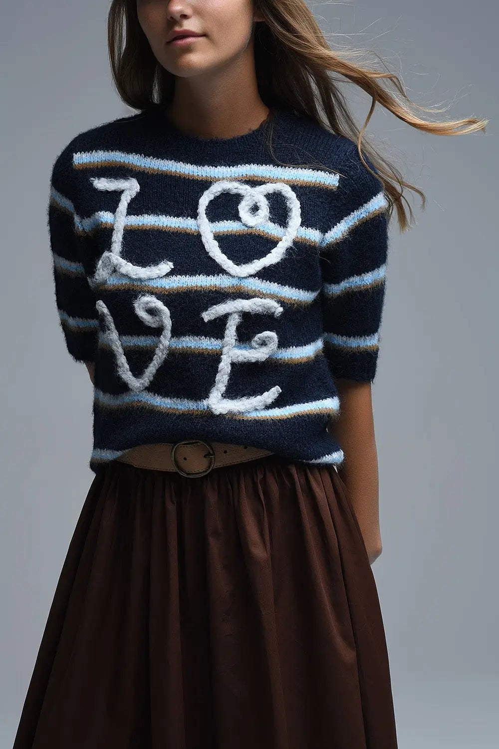 Short Sleeve Embroidered Love Sweater in navy - One Size / Blue - Sweaters