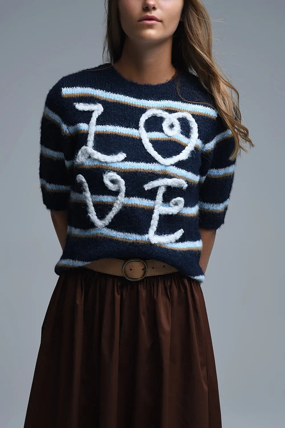 Short Sleeve Embroidered Love Sweater in navy - One Size / Blue - Sweaters