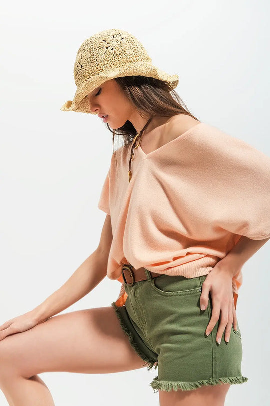 Short sleeve jumper in v neck in pink - One Size / Pink - Sweaters