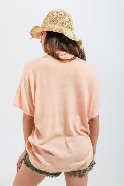 Short sleeve jumper in v neck in pink