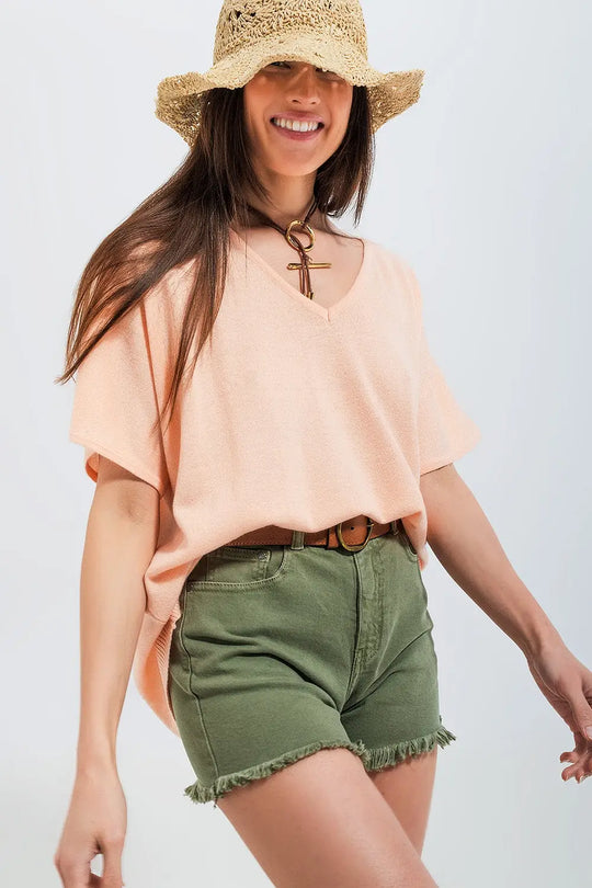 Short sleeve jumper in v neck in pink - One Size / Pink - Sweaters