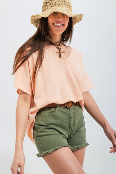Short sleeve jumper in v neck in pink - One Size / Pink - Sweaters