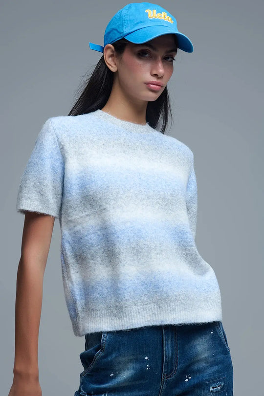 Short Sleeve Ombré Striped Sweater in Blue - One Size / Blue - Sweaters