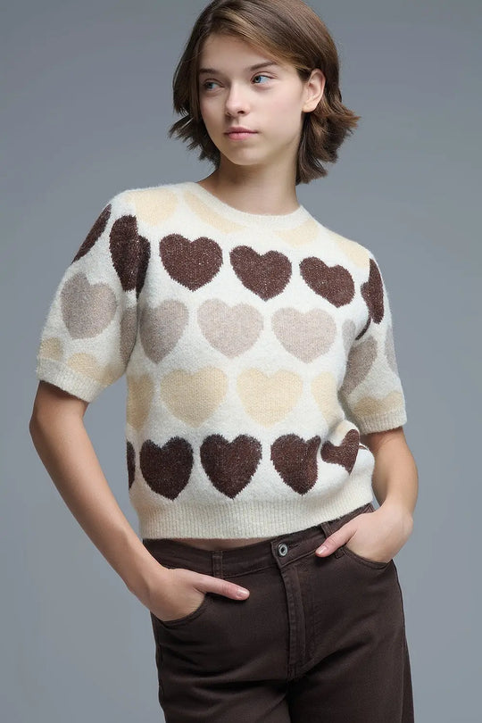 Q2 Short Sleeve Printed Heart Sweater in Beige