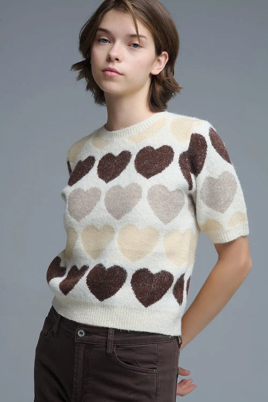 Short Sleeve Printed Heart Sweater in Beige - One Size / Beige - Sweaters