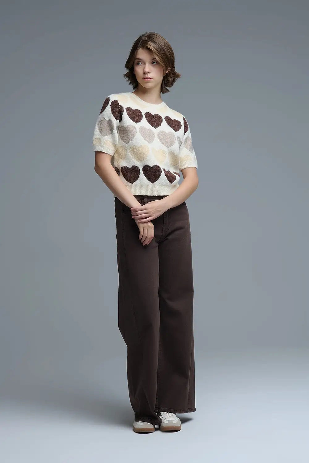 Short Sleeve Printed Heart Sweater in Beige - One Size / Beige - Sweaters