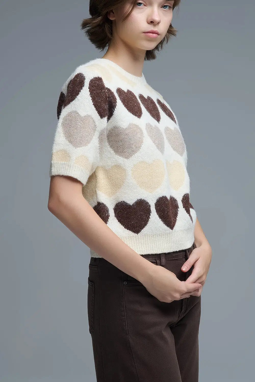 Short Sleeve Printed Heart Sweater in Beige - One Size / Beige - Sweaters
